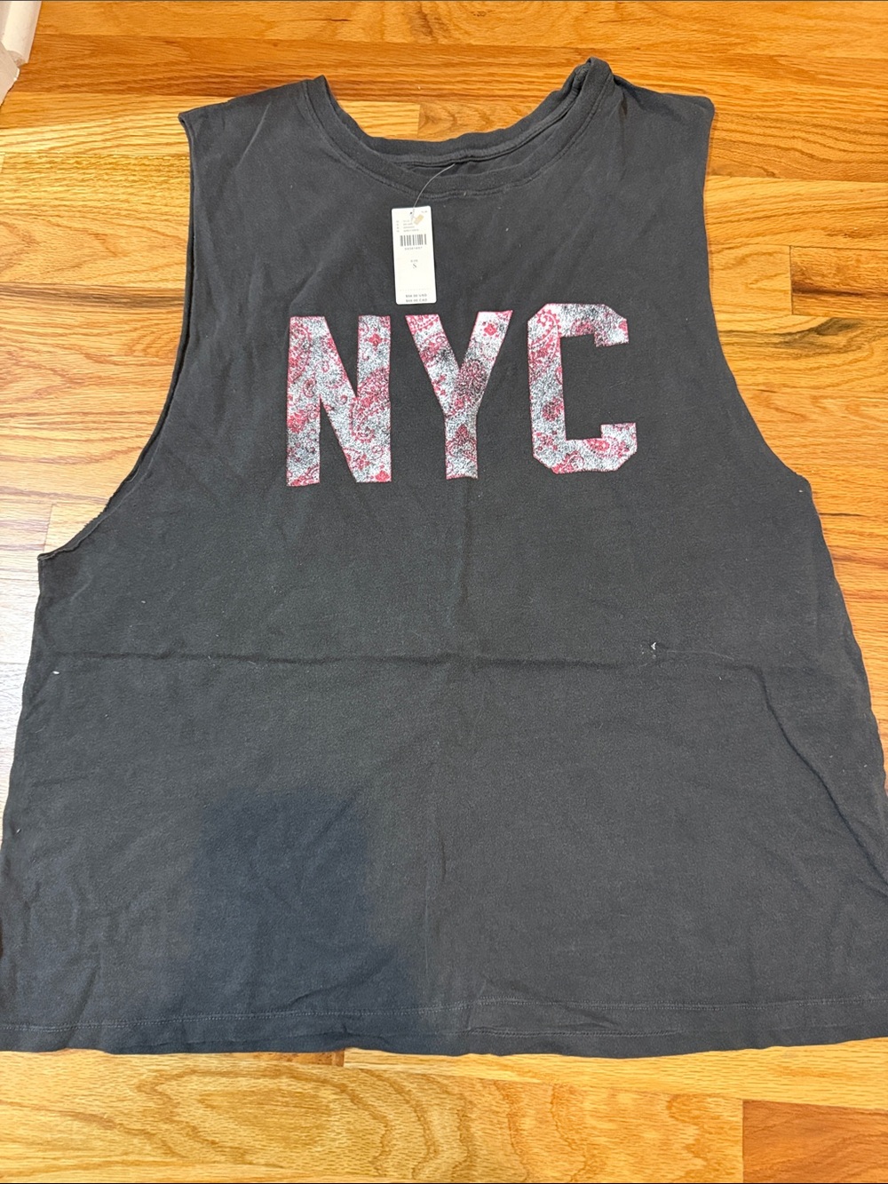 Recycled Karma Black Muscle Tank with Floral NYC Appliqué